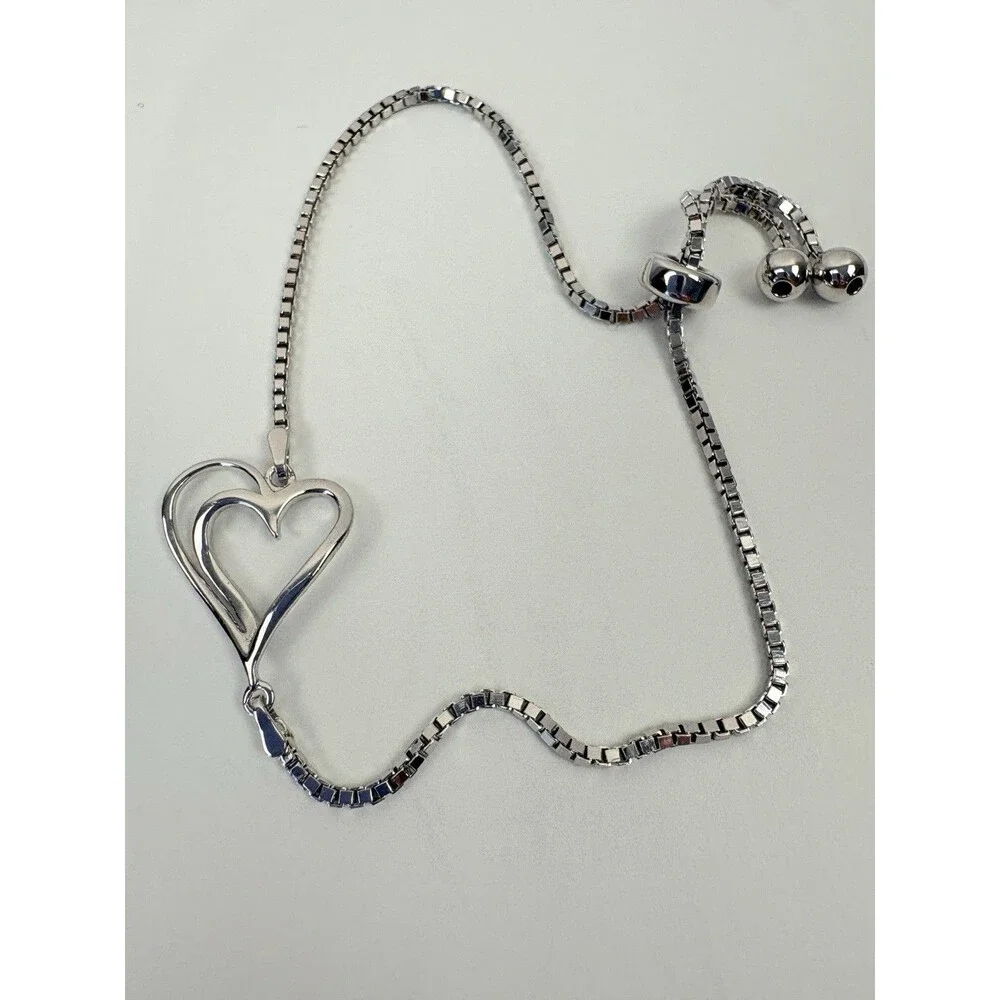 925 Sterling Silver Double Heart Box Chain Bolo Slider Bracelet Signed